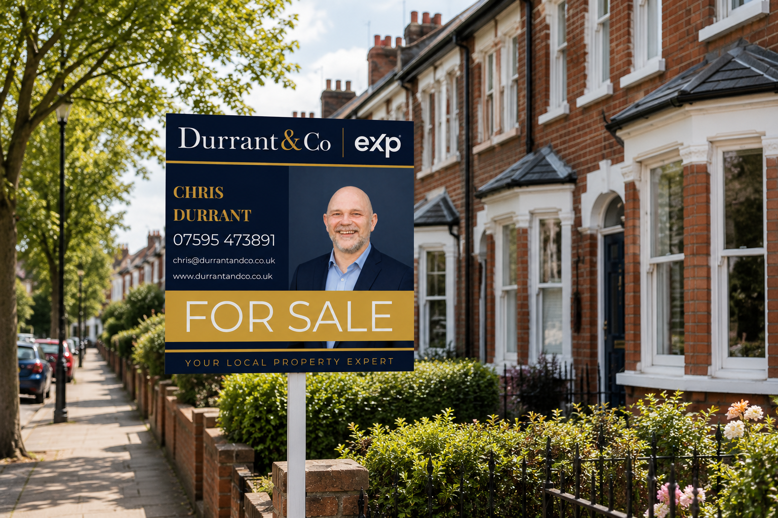 Durrant & Co estate agency board mockup on a UK street by AMB360