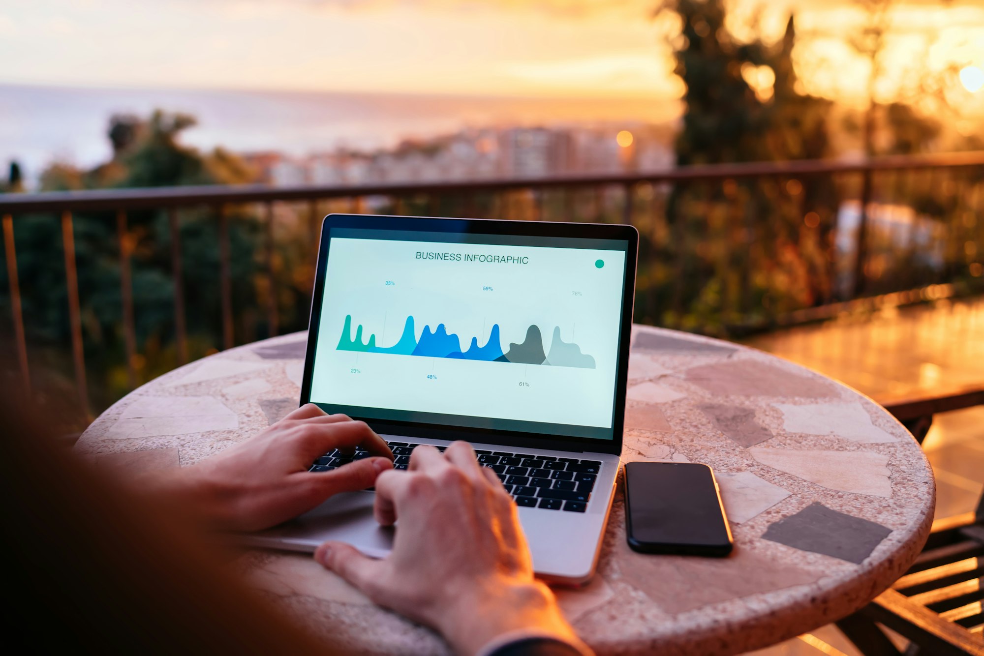 Skilled financial expert checking digital marketing report during distance job at sunset