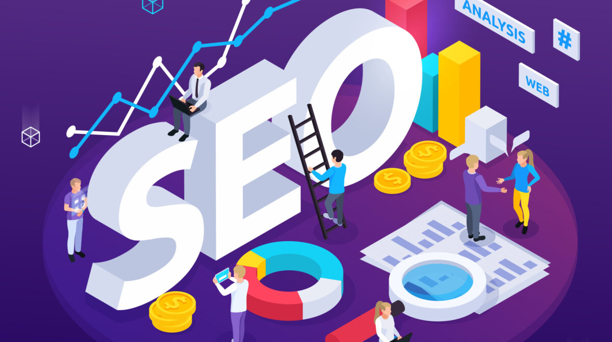 illustration of the word 'seo' with people working and climbing ladders on to the word