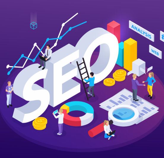 illustration of the word 'seo' with people working and climbing ladders on to the word