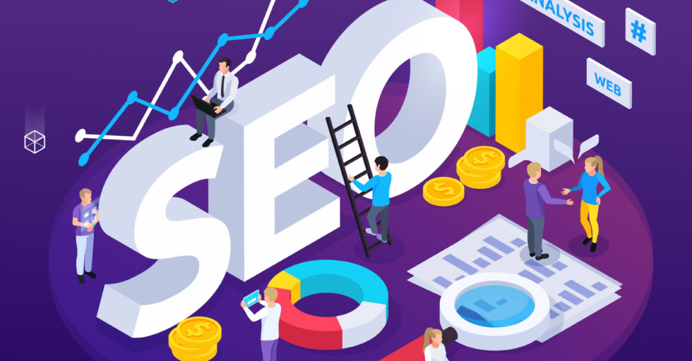 illustration of the word 'seo' with people working and climbing ladders on to the word